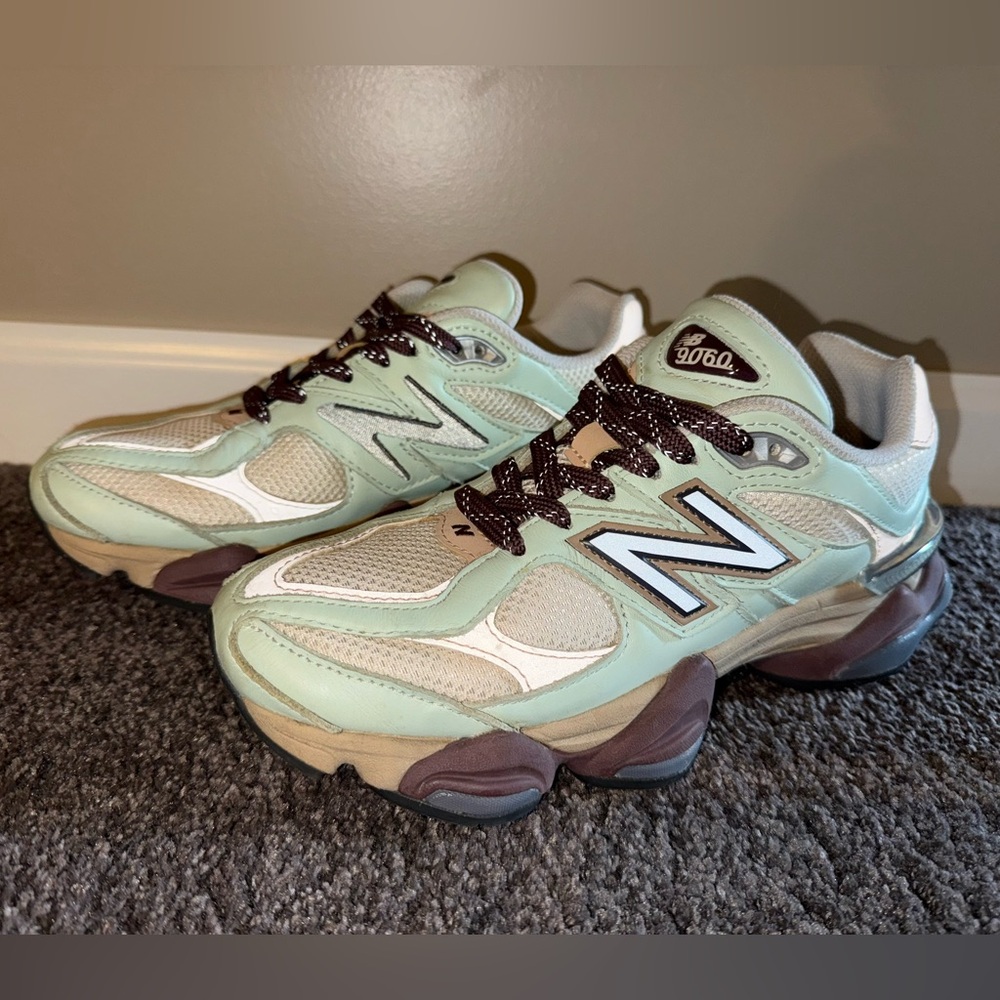 New Balance Women's Light Green, Cream, dark purple, and navy sneakers.